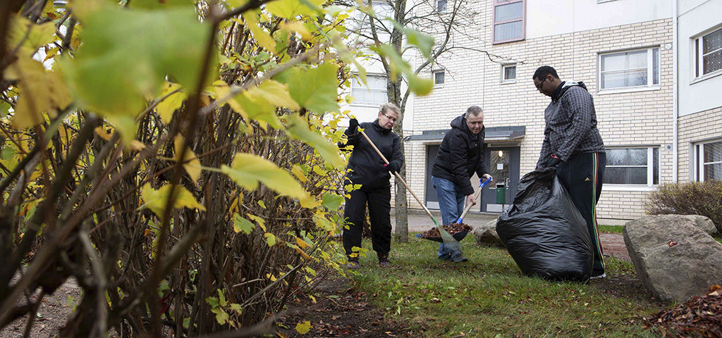 Residents of a VAV apartment building cleaning its yard together.
